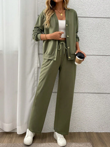 2pcs Women Set Front Button Long Sleeve Blouse And Long Pants, Minimalist Style