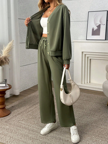 2pcs Women Set Front Button Long Sleeve Blouse And Long Pants, Minimalist Style