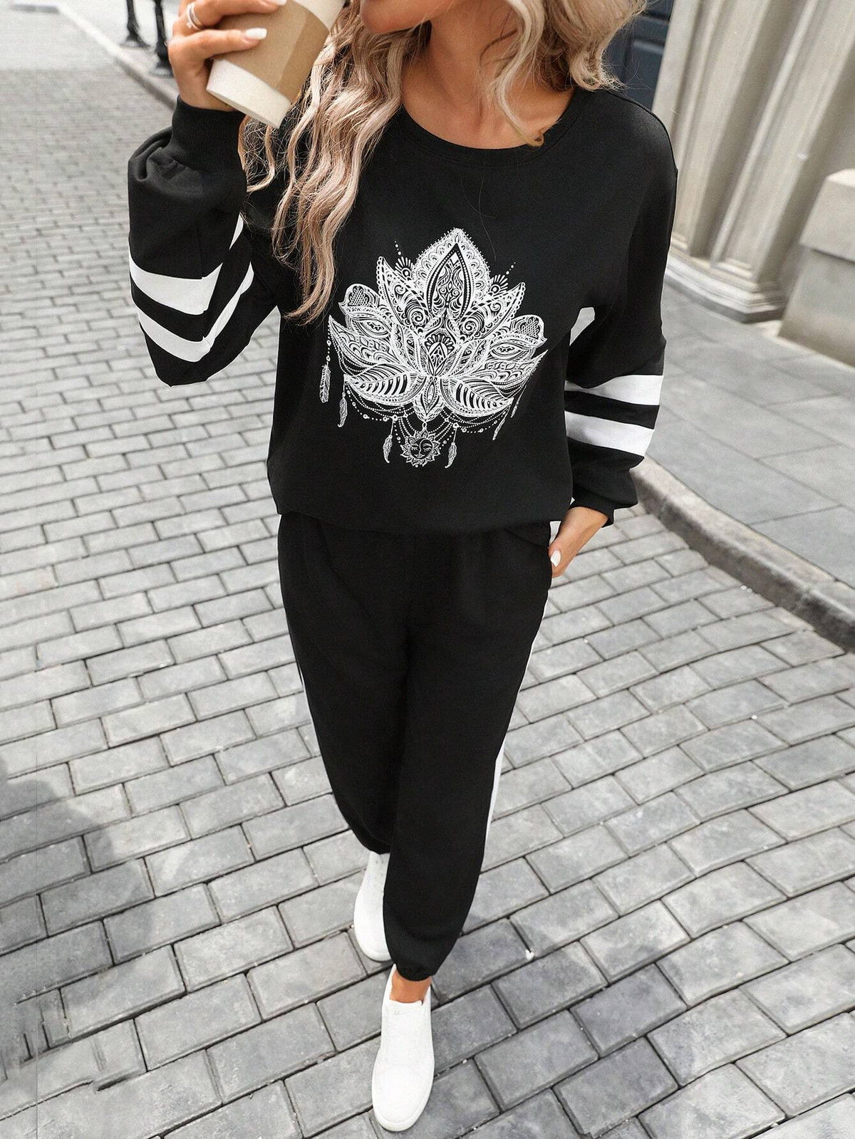 2pcs Women's Colorblock Print Sweatshirt & Pants Sports Set, Autumn/Winter