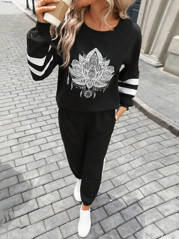 2pcs Women's Colorblock Print Sweatshirt & Pants Sports Set, Autumn/Winter