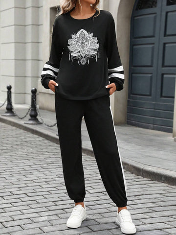 2pcs Women's Colorblock Print Sweatshirt & Pants Sports Set, Autumn/Winter