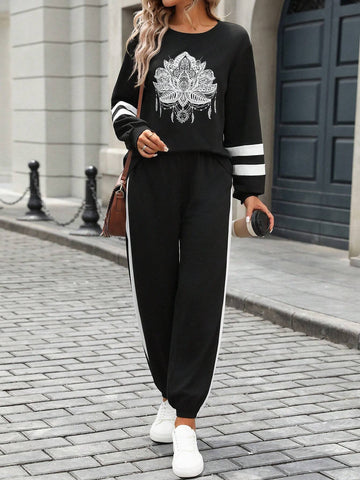 2pcs Women's Colorblock Print Sweatshirt & Pants Sports Set, Autumn/Winter