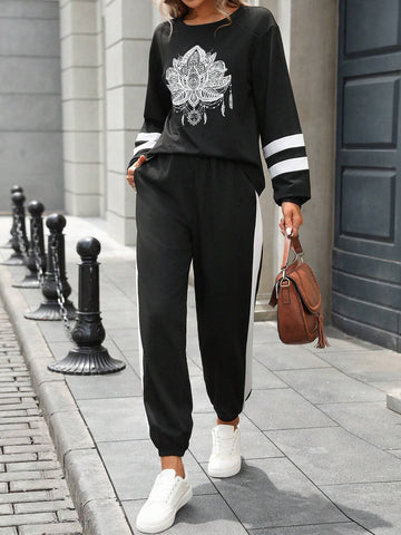 2pcs Women's Colorblock Print Sweatshirt & Pants Sports Set, Autumn/Winter