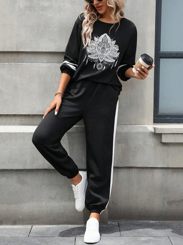 2pcs Women's Colorblock Print Sweatshirt & Pants Sports Set, Autumn/Winter
