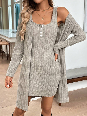 2pcs Women's Set: U-Neck Sleeveless Bodycon Mini Dress & Open Front Casual Cardigan With Textured Fabric For Fall/Winter, Elegant And Cozy