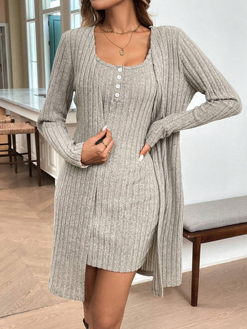 2pcs Women's Set: U-Neck Sleeveless Bodycon Mini Dress & Open Front Casual Cardigan With Textured Fabric For Fall/Winter, Elegant And Cozy