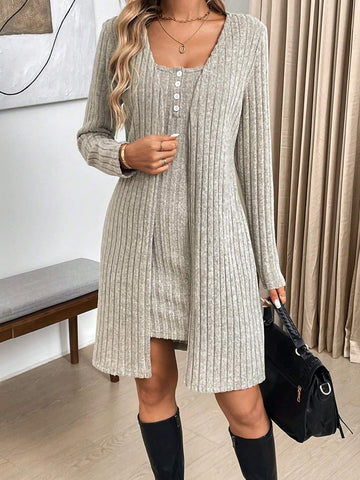 2pcs Women's Set: U-Neck Sleeveless Bodycon Mini Dress & Open Front Casual Cardigan With Textured Fabric For Fall/Winter, Elegant And Cozy