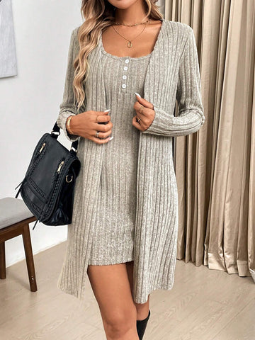 2pcs Women's Set: U-Neck Sleeveless Bodycon Mini Dress & Open Front Casual Cardigan With Textured Fabric For Fall/Winter, Elegant And Cozy
