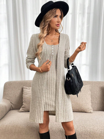 2pcs Women's Set: U-Neck Sleeveless Bodycon Mini Dress & Open Front Casual Cardigan With Textured Fabric For Fall/Winter, Elegant And Cozy