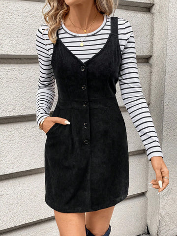 2pcs/set Striped Tai Xi & Solid Color Suspender Skirt