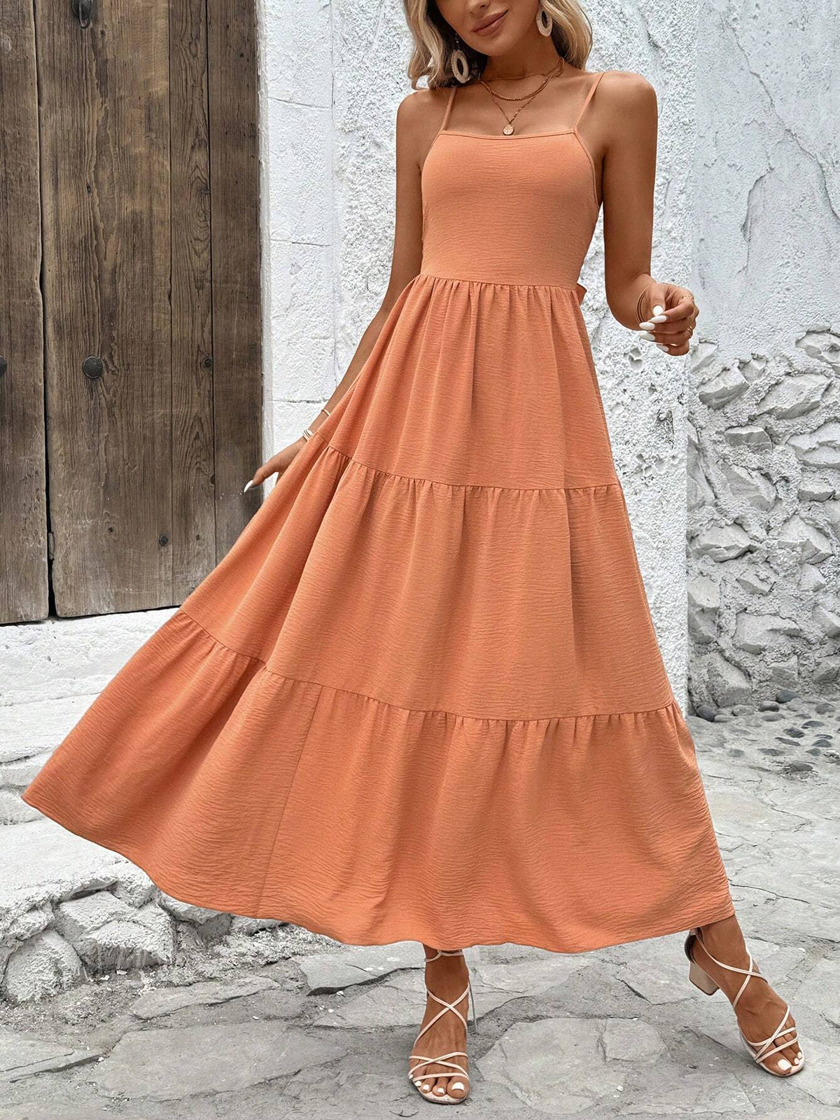 3-Layered Orange Holiday Casual Women Dress With Distressed Design