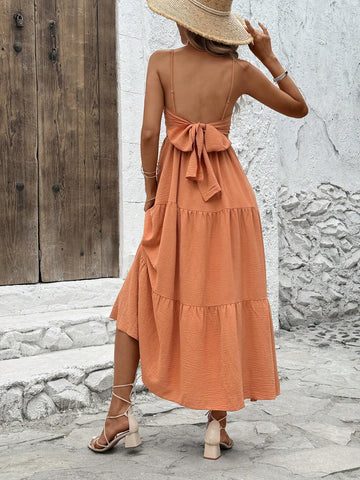 3-Layered Orange Holiday Casual Women Dress With Distressed Design