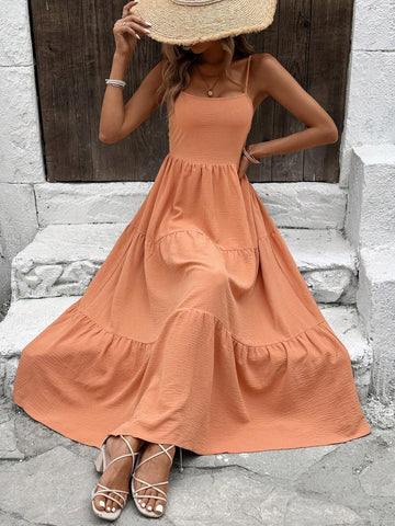 3-Layered Orange Holiday Casual Women Dress With Distressed Design