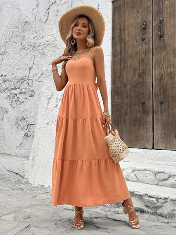 3-Layered Orange Holiday Casual Women Dress With Distressed Design