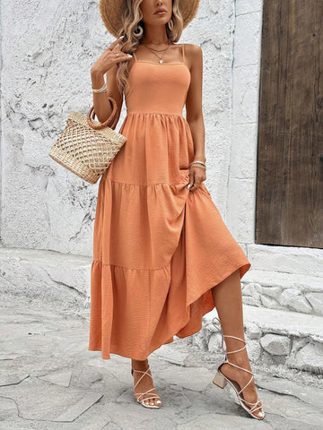 3-Layered Orange Holiday Casual Women Dress With Distressed Design