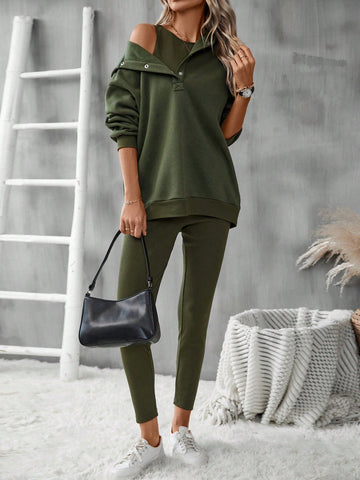 3pcs/set Solid Color Hoodie, Vest And Pants Outfits