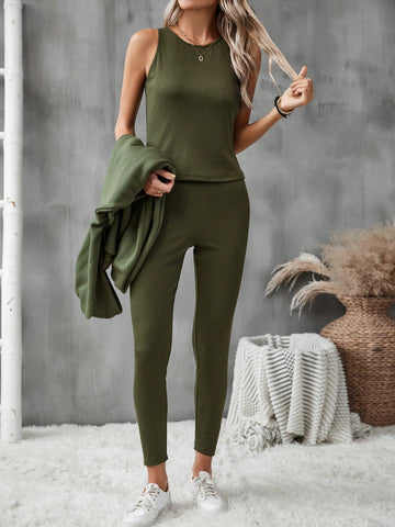 3pcs/set Solid Color Hoodie, Vest And Pants Outfits