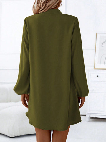 A-Line Ruffled Collar Button Front Lantern Sleeve Casual Dress, Spring Autumn