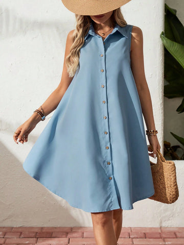 A-Line Shirt Collar Single-Breasted Sleeveless Summer Dress