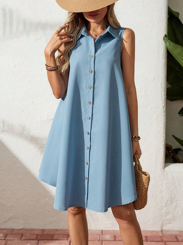 A-Line Shirt Collar Single-Breasted Sleeveless Summer Dress