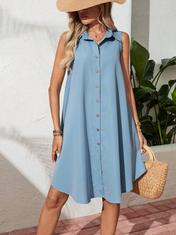 A-Line Shirt Collar Single-Breasted Sleeveless Summer Dress