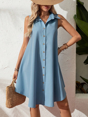A-Line Shirt Collar Single-Breasted Sleeveless Summer Dress