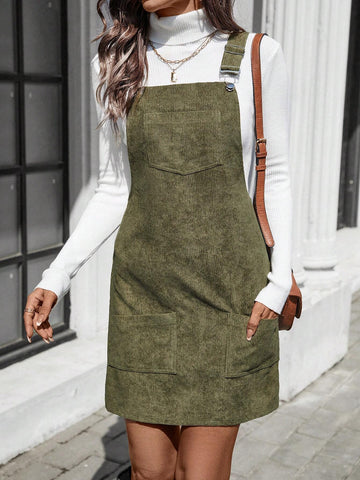 Adjustable Strap Pocket Corduroy Casual Commuter Going Out Bib Dress For Women,