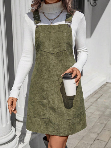 Adjustable Strap Pocket Corduroy Casual Commuter Going Out Bib Dress For Women,