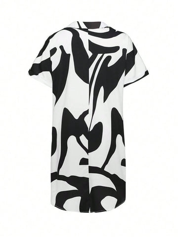 E All-Over Allover Print Short Sleeve V-Neck Dress With Notched Cut-Out (Random Cut Printing)