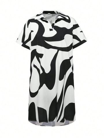 E All-Over Allover Print Short Sleeve V-Neck Dress With Notched Cut-Out (Random Cut Printing)