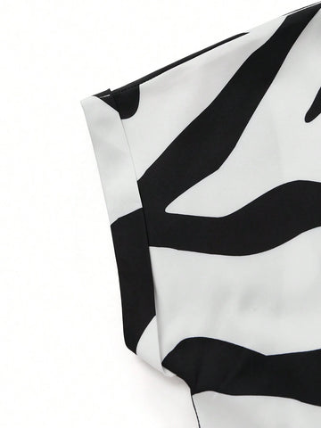 E All-Over Allover Print Short Sleeve V-Neck Dress With Notched Cut-Out (Random Cut Printing)