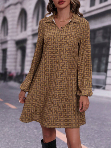 All-Over Print Lapel Collar Casual Versatile Long Sleeve Dress