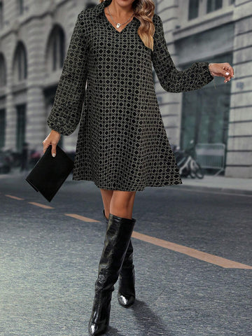 All-Over Print Lapel Collar Casual Versatile Long Sleeve Short Dress