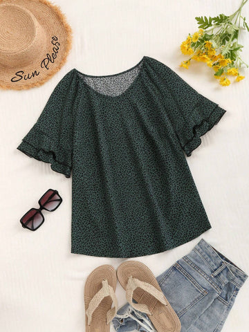 LUNE All-Over Print Round Neck Summer Short Sleeve Shirt With Random Cutting Pattern