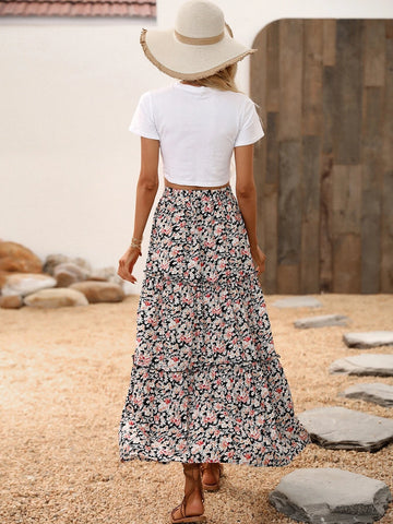 LUNE Allover Floral Print Frill Trim Skirt