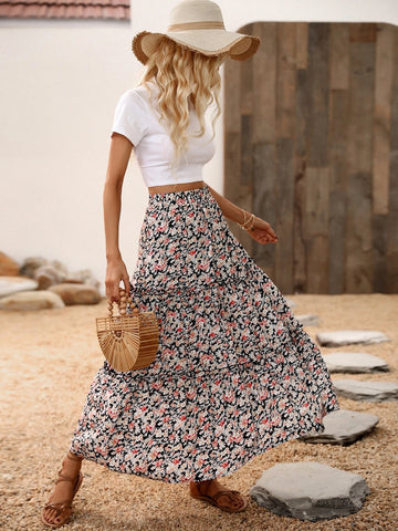 LUNE Allover Floral Print Frill Trim Skirt