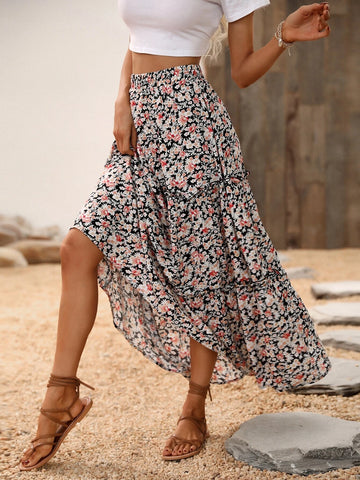 LUNE Allover Floral Print Frill Trim Skirt