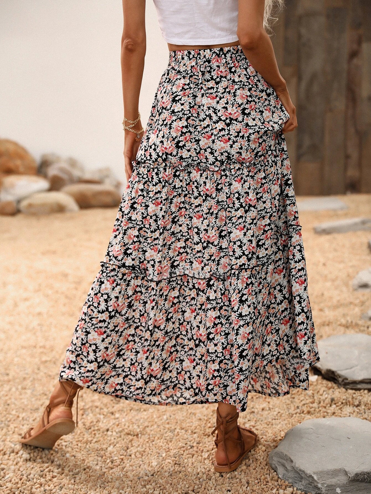 LUNE Allover Floral Print Frill Trim Skirt