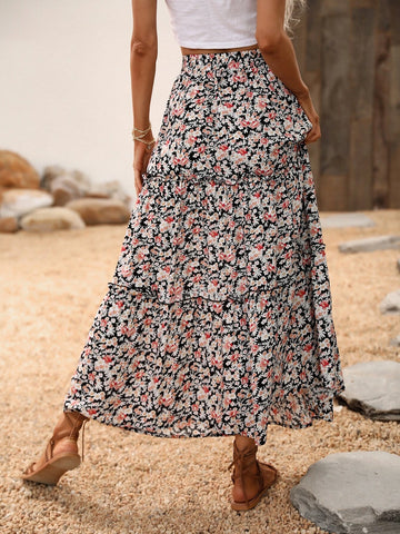 LUNE Allover Floral Print Frill Trim Skirt