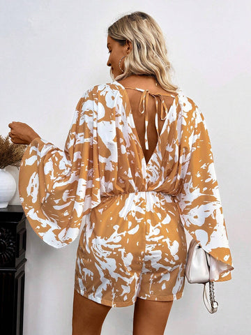 Allover Print Batwing Sleeve Romper For Summer