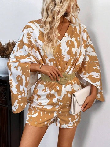 Allover Print Batwing Sleeve Romper For Summer