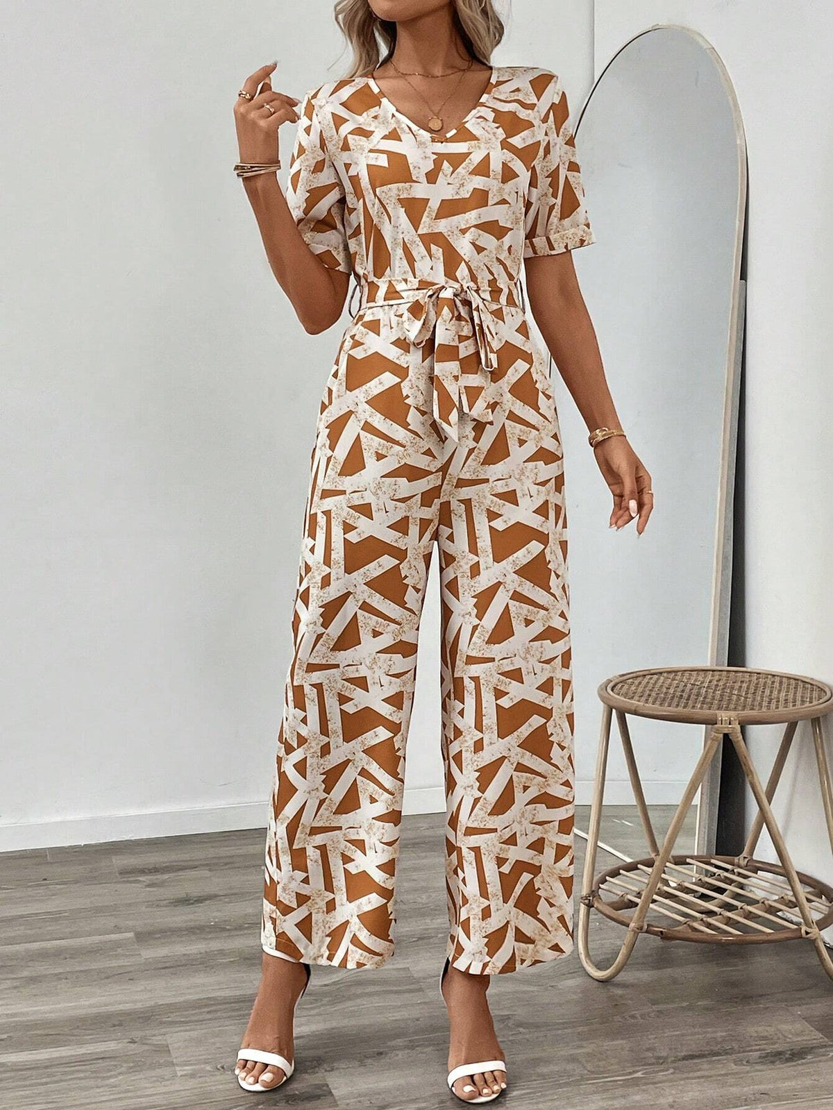 Allover Print Belted Wide Leg Jumpsuit