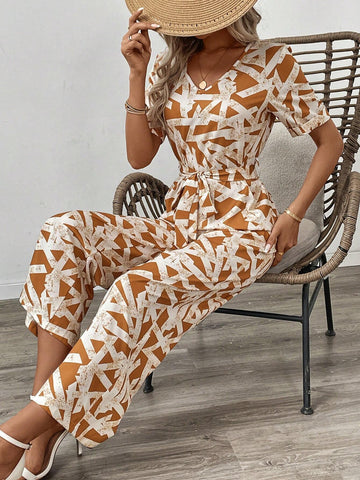 Allover Print Belted Wide Leg Jumpsuit