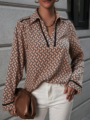 Allover Print Contrast Lace Blouse
