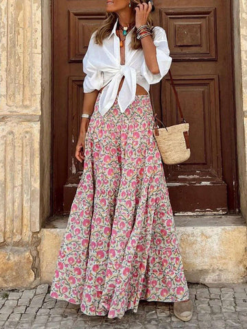 LUNE Allover Print High Waist Wrap Around Wide Leg Pants, Vacation Style