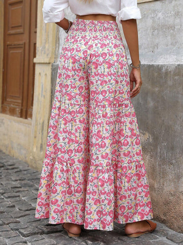 LUNE Allover Print High Waist Wrap Around Wide Leg Pants, Vacation Style