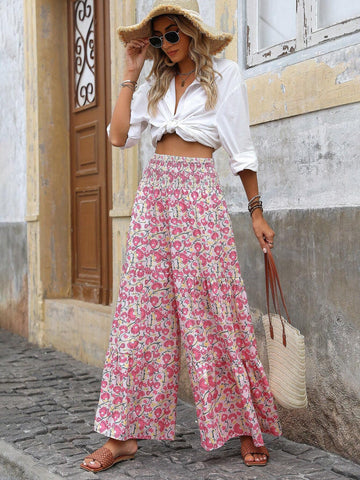 LUNE Allover Print High Waist Wrap Around Wide Leg Pants, Vacation Style