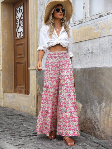 LUNE Allover Print High Waist Wrap Around Wide Leg Pants, Vacation Style