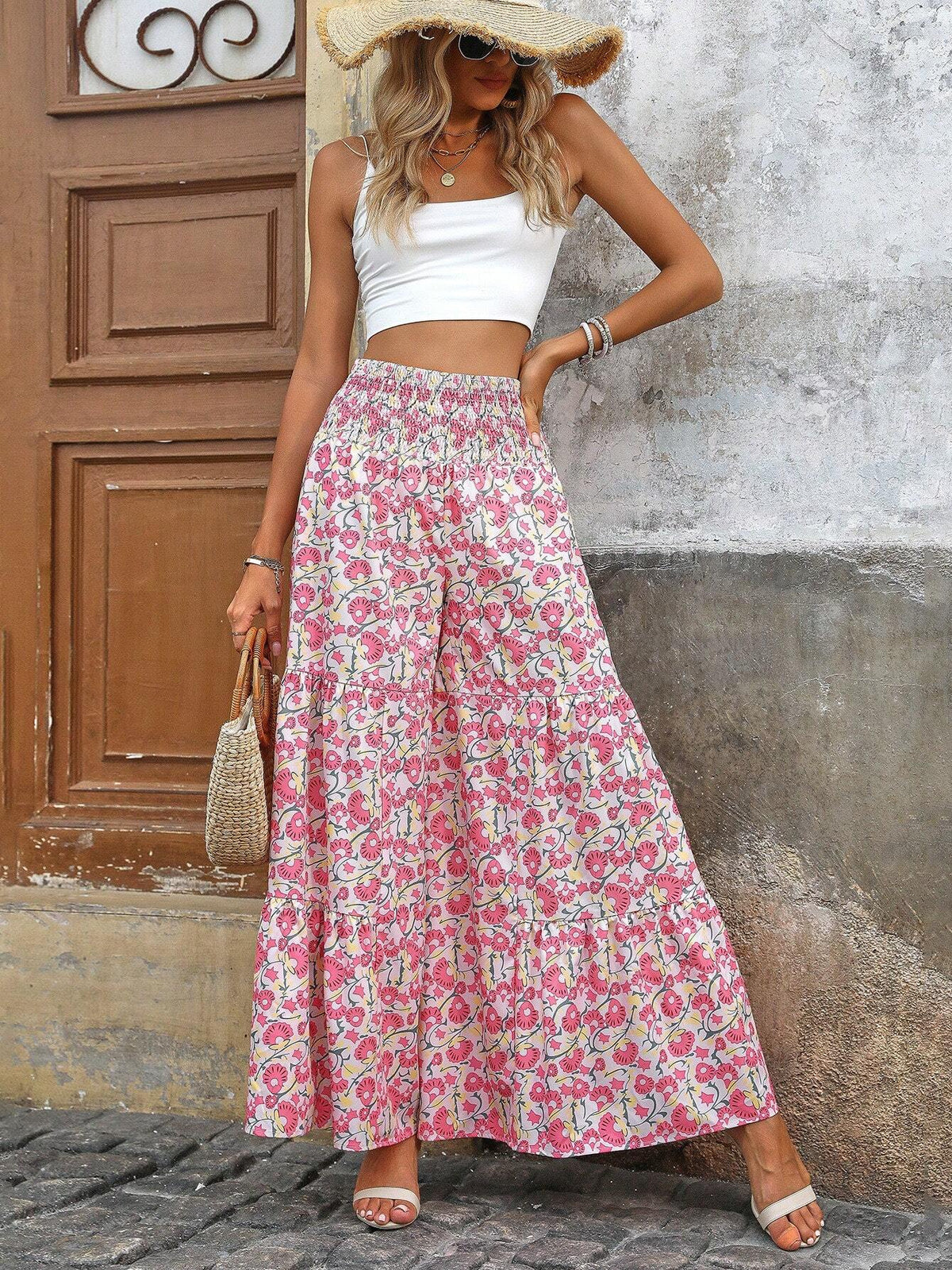 LUNE Allover Print High Waist Wrap Around Wide Leg Pants, Vacation Style