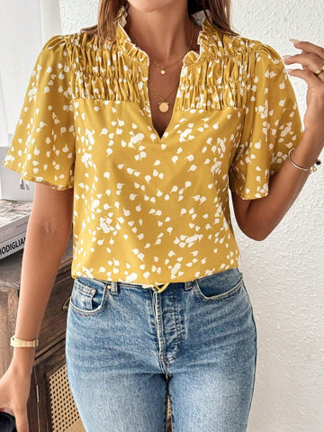LUNE Allover Print Notched Neckline Blouse